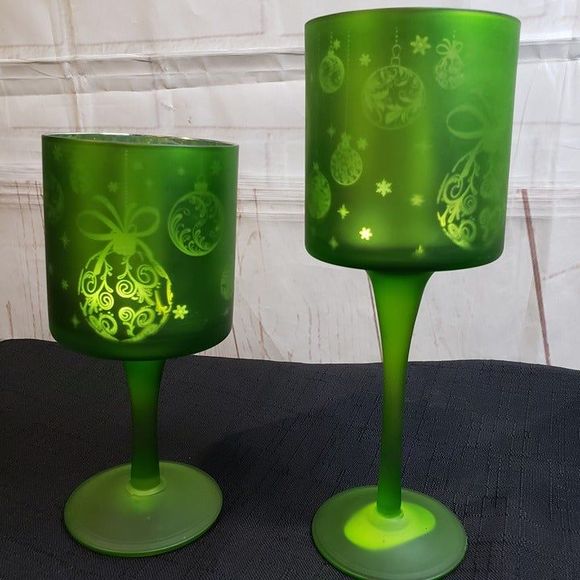 Beautiful Green Mercury Glass Christmas Pedestal Flameless Candle Holders RARE